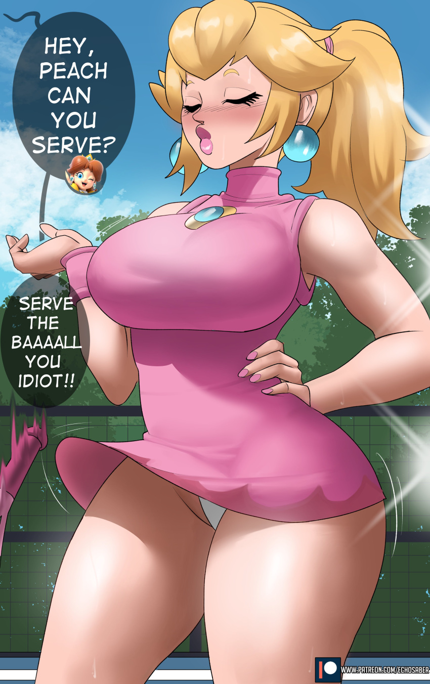 absurdres alternate_breast_size artist_name bare_arms blonde_hair blush breasts closed_eyes closed_mouth commentary earrings echo_saber english_commentary english_text female hand_on_own_hip highres jewelry large_breasts lips long_hair mario_(series) mario_tennis outdoors paid_reward_available panties pantyshot patreon_logo patreon_username ponytail princess_daisy princess_peach solo sphere_earrings sportswear standing tennis_court tennis_peach tennis_uniform thick_thighs thighs underwear web_address white_panties