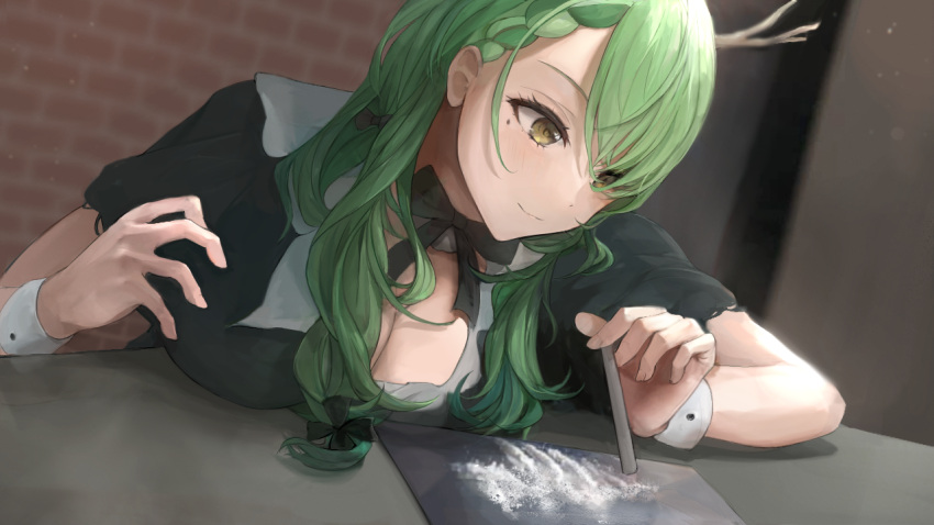 antlers black_bow black_dress bow braid breasts ceres_fauna chan1moon cleavage cocaine dress drugs female game_cg green_hair hair_behind_ear hololive hololive_english horns looking_down medium_breasts mole mole_under_eye open_hand smile solo virtual_youtuber wrist_cuffs yellow_eyes