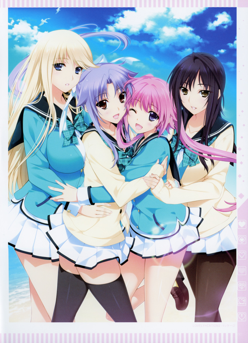 4girls :d ;d absurdres aqua_bow aqua_bowtie aqua_jacket aqua_neckerchief artbook black_hair black_legwear blazer blue_eyes blue_sky bow bowtie breasts brown_eyes cardigan cloud cloudy_sky day girl_sandwich group_hug highres hug iizuki_tasuku izumi_wakoto jacket large_breasts leg_up lens_flare lens_flare_abuse loafers long_hair long_sleeves lovely_x_cation_2 multiple_girls narukawa_hime neckerchief nirasaki_hinata official_art one_eye_closed open_mouth parted_lips pink_hair plaid plaid_bow plaid_bowtie plaid_neckerchief platinum_blonde_hair pleated_skirt purple_eyes purple_hair sailor_collar sandwiched scan school_uniform shoes skirt sky sleeves_past_wrists smile thighhighs twintails unmoving_pattern yellow_cardigan yoshinoya_seine