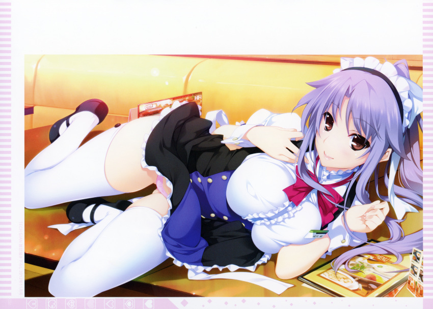 black_footwear bow brown_eyes dress female fingernails frills hair_ornament highres iizuki_tasuku lips long_hair looking_at_viewer lovely_x_cation_2 lying maid_headdress narukawa_hime non-web_source official_art on_side panties pink_panties purple_hair scan shoes short_dress simple_background solo underwear waitress white_legwear wrist_cuffs