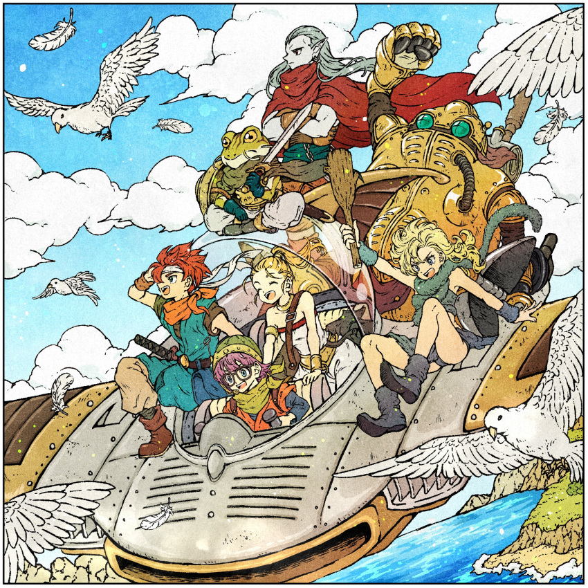 3girls arm_behind_head asymmetrical_bangs ayla_(chrono_trigger) belt bird blonde_hair blue_tunic boots bridal_gauntlets cape chrono_trigger closed_eyes cloud cloudy_sky colored_skin crono_(chrono_trigger) crossed_arms curly_hair dress epoch falling_feathers feathers flying frog_(chrono_trigger) full_body fur_boots fur_scarf fur_skirt glasses grey_hair grey_skin headband helmet highres holding holding_sword holding_weapon long_hair lucca_ashtear magus_(chrono_trigger) marle_(chrono_trigger) multiple_boys multiple_girls open_mouth orange_scarf orange_tunic pointy_ears ponytail purple_hair red_cape red_hair robo_(chrono_trigger) robot scarf short_hair sitting sky spiked_hair sword tail teeth toriga upper_teeth_only weapon white_dress white_headband wings yellow_scarf