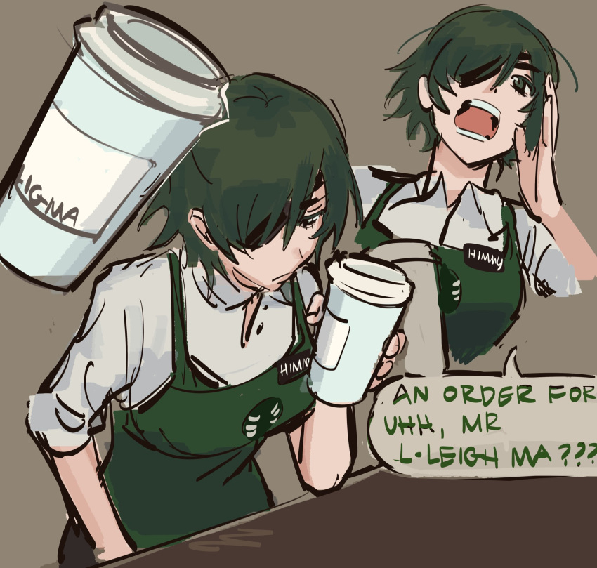 apron chainsaw_man coffee collared_shirt commentary cup deez_nuts_(meme) disposable_coffee_cup disposable_cup english_commentary english_text eyepatch female green_apron green_eyes green_hair highres himeno_(chainsaw_man) liowig looking_at_cup looking_at_viewer meme multiple_views open_mouth shirt short_hair shouting speech_bubble starbucks table white_shirt