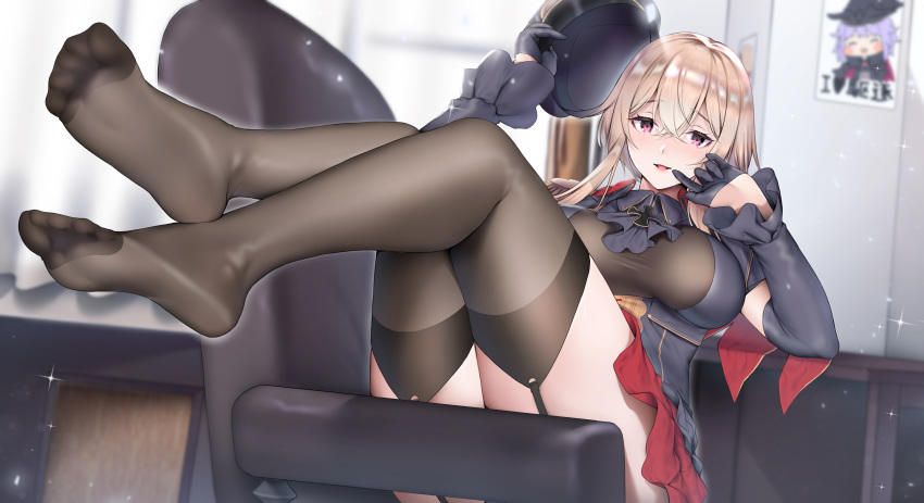 absurdres black_dress black_legwear blue_oath buta_tamako couch dress feet feet_on_chair feet_up female foot_focus foreshortening gloves hat highres looking_at_viewer medium_hair military military_hat military_uniform no_shoes portrait_(object) prinz_eugen_(blue_oath) red_eyes smile soles thighhighs toes uniform