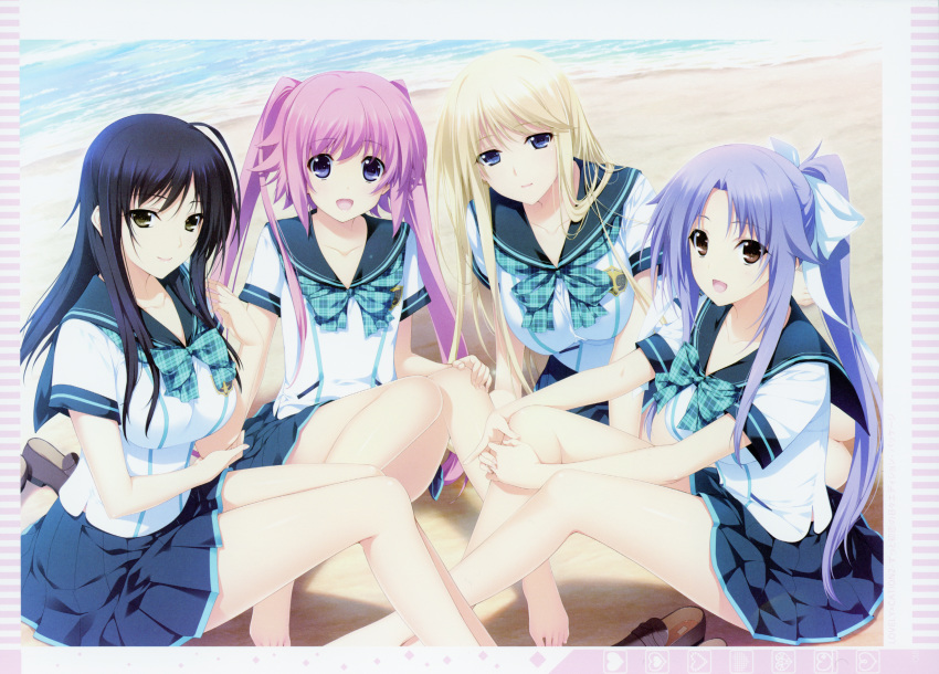 4girls beach black_hair blonde_hair blue_eyes bow breasts brown_eyes brown_hair collarbone highres iizuki_tasuku izumi_wakoto large_breasts light_purple_hair lips long_hair looking_at_viewer lovely_x_cation_2 multiple_girls narukawa_hime nirasaki_hinata non-web_source official_art open_mouth parted_lips pink_hair pleated_skirt ponytail purple_hair ribbon sailor_collar scan school_uniform serafuku shoes shore short_sleeves simple_background sitting skirt small_breasts smile tied_hair twintails water yoshinoya_seine