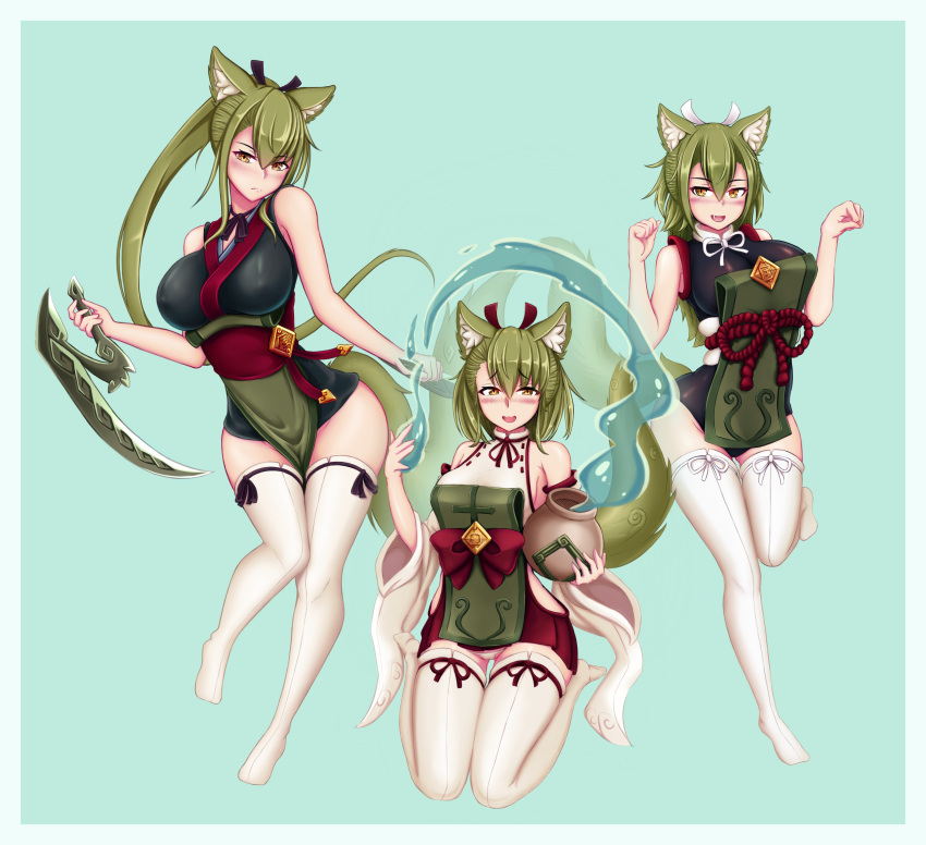 3girls :d animal_ears arm_blade bare_shoulders beige_legwear blade blush border breasts clenched_hands closed_mouth detached_sleeves eyebrows_visible_through_hair eyes_visible_through_hair fur green_background green_hair hair_between_eyes highres holding_pot japanese_clothes kamaitachi_(monster_girl_encyclopedia) large_breasts legs long_hair long_sleeves looking_at_viewer magic medium_hair monster_girl monster_girl_encyclopedia multiple_girls open_mouth orange_eyes paw_pose pelvic_curtain ponytail pot sash short_hair simple_background smile standing standing_on_one_leg tail thighhighs twintails water weapon white_border wide_sleeves wlper