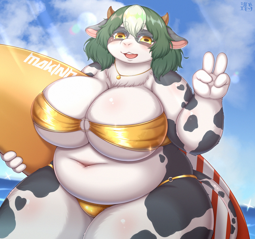 2023 anthro belly big_belly big_breasts bikini blush bovid bovine breasts cattle clothed clothing curvy_figure english_text female gesture gold_(metal) gold_bikini gold_jewelry gold_necklace golden_week green_hair hair hand_gesture hi_res holstein_friesian_cattle horn huge_breasts jewelry kemono mammal navel necklace outside overweight overweight_anthro overweight_female sea seascape shibaemonxsk skimpy sky solo surfboard swimwear text thick_thighs v_sign voluptuous water wide_hips