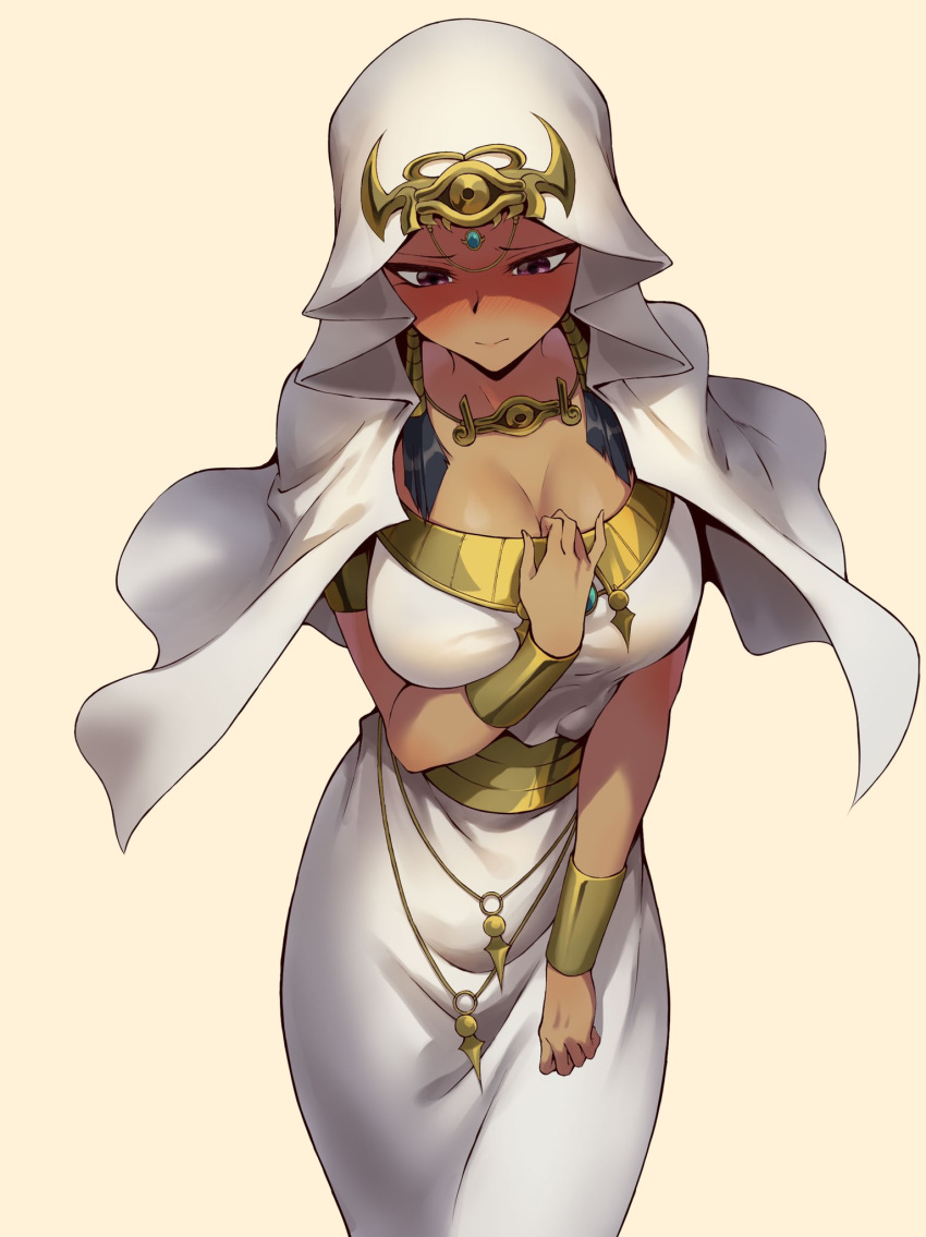 blush breasts cleavage dark-skinned_female dark_skin dress egyptian egyptian_clothes eye_of_horus female highres isis_ishtar jewelry large_breasts millennium_necklace momihige solo veil white_dress yu-gi-oh! yu-gi-oh!_duel_monsters