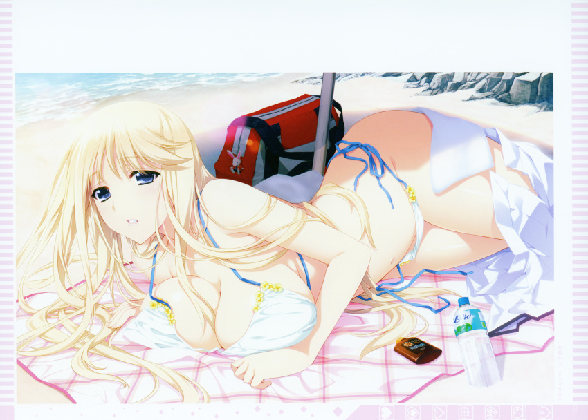 beach bikini blonde_hair blue_eyes bottle breasts cleavage day female halterneck hanging_breasts highres huge_breasts iizuki_tasuku lips long_hair lovely_x_cation_2 non-web_source official_art outdoors parted_lips scan shiny_skin side-tie_bikini_bottom simple_background solo string_bikini swimsuit untied_bikini water water_bottle white_bikini yoshinoya_seine