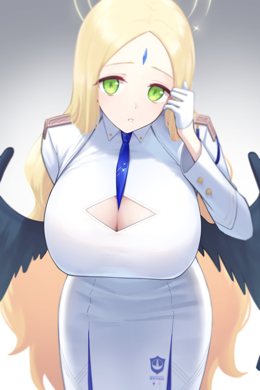 absurdres aoi_riko ayumu_(blue_archive) between_breasts black_wings blonde_hair blue_archive blue_necktie blurry breasts cleavage cleavage_cutout clothing_cutout commentary_request dress feathered_wings female forehead forehead_jewel gloves gradient_background green_eyes halo highres large_breasts long_hair looking_at_viewer necktie necktie_between_breasts parted_lips simple_background solo white_dress white_gloves wings