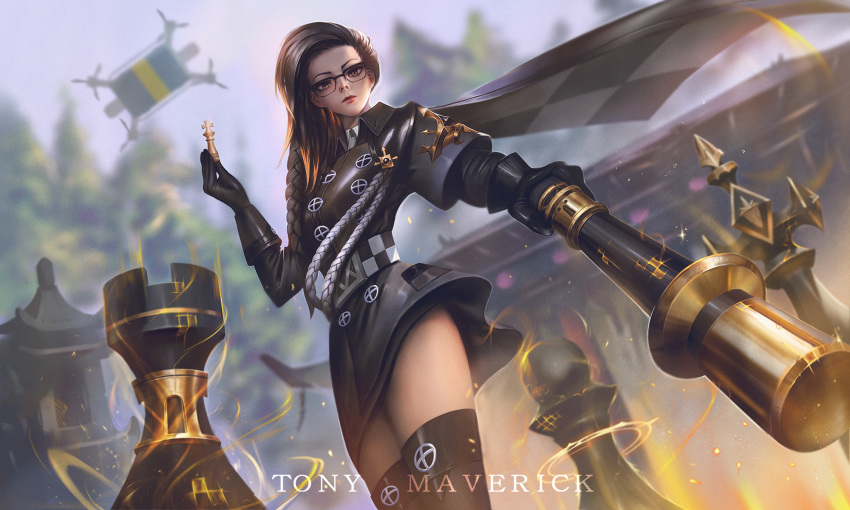 adela_gro black_gloves black_hair black_jacket black_legwear black_survival blurry blurry_background braid cane capelet chess_piece commentary cowboy_shot english_commentary female glasses gloves highres holding holding_chess_piece jacket lips looking_at_viewer outdoors pawn_(chess) quadcopter queen_(chess) rook_(chess) sky thighhighs tony_maverick tree yellow_eyes zettai_ryouiki