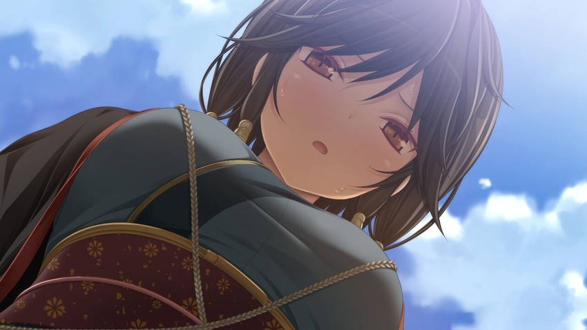 asahina_hikage blue_kimono blue_sky breasts brown_eyes brown_hair cloud day female from_below game_cg hair_between_eyes japanese_clothes kimono kunado_kokuki large_breasts looking_at_viewer obi open_mouth outdoors pov sash sky solo sweat sweatdrop upper_body yuuri_(kunado_kokuki)