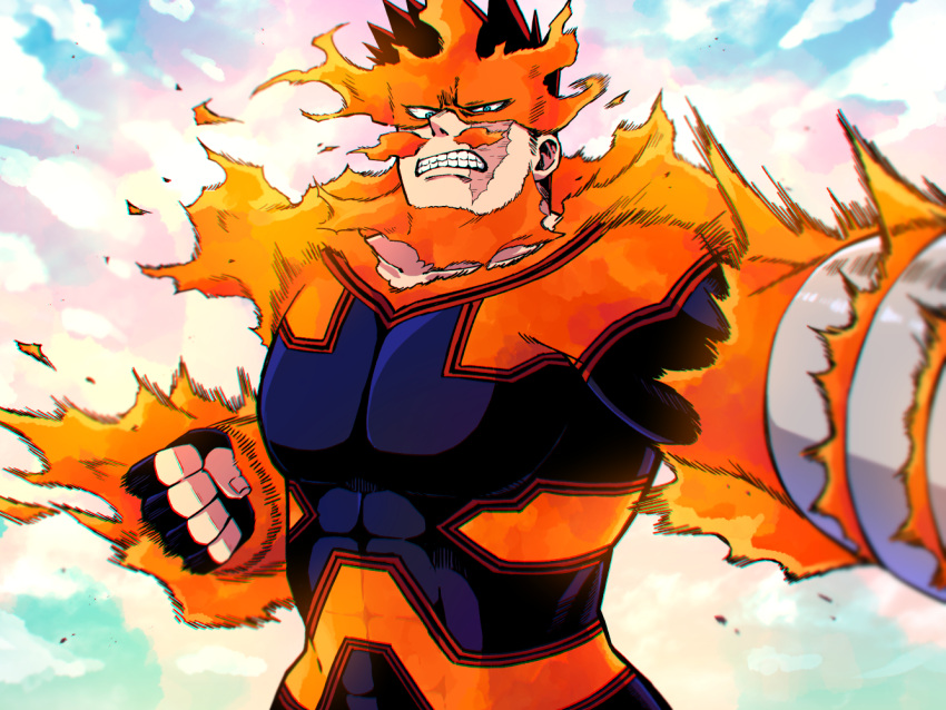 1boy bara beard blue_bodysuit blue_eyes bodysuit boku_no_hero_academia covered_abs endeavor_(boku_no_hero_academia) facial_hair fighting_stance fire large_pectorals looking_at_viewer male_focus mature_male miso_(mimimiso) muscular muscular_male pectorals red_hair scar scar_across_eye scar_on_face short_hair sideburns solo spiked_hair stubble superhero_costume upper_body