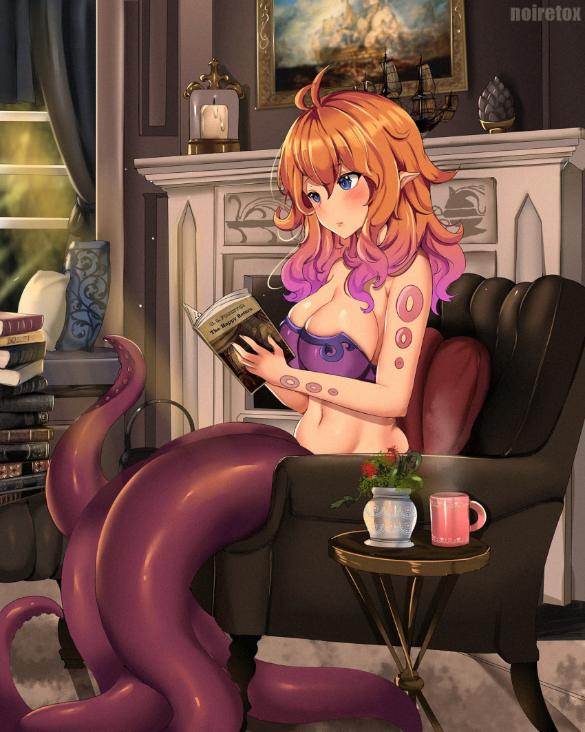 antenna_hair armchair blue_eyes blush body_markings book breasts chair cleavage closed_mouth cup female fireplace gradient_hair highres holding holding_book indoors monster_girl monster_girl_encyclopedia multicolored_hair noiretox open_book orange_hair painting_(object) pile_of_books plant purple_hair scylla scylla_(monster_girl_encyclopedia) sitting solo suction_cups tentacle vase window