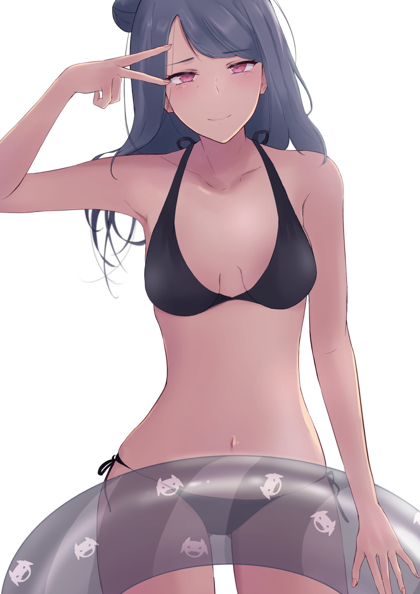 absurdres armpits ass_visible_through_thighs bikini black_bikini blush breasts breasts_apart collarbone commentary cowboy_shot female grey_hair hair_bun halterneck highres innertube long_hair love_live! love_live!_sunshine!! mature_female nail_polish navel pink_eyes simple_background single_side_bun small_breasts solo string_bikini swim_ring swimsuit tareme thighs tsushima_yoshiko's_mother ub_takami v v_over_eye white_background