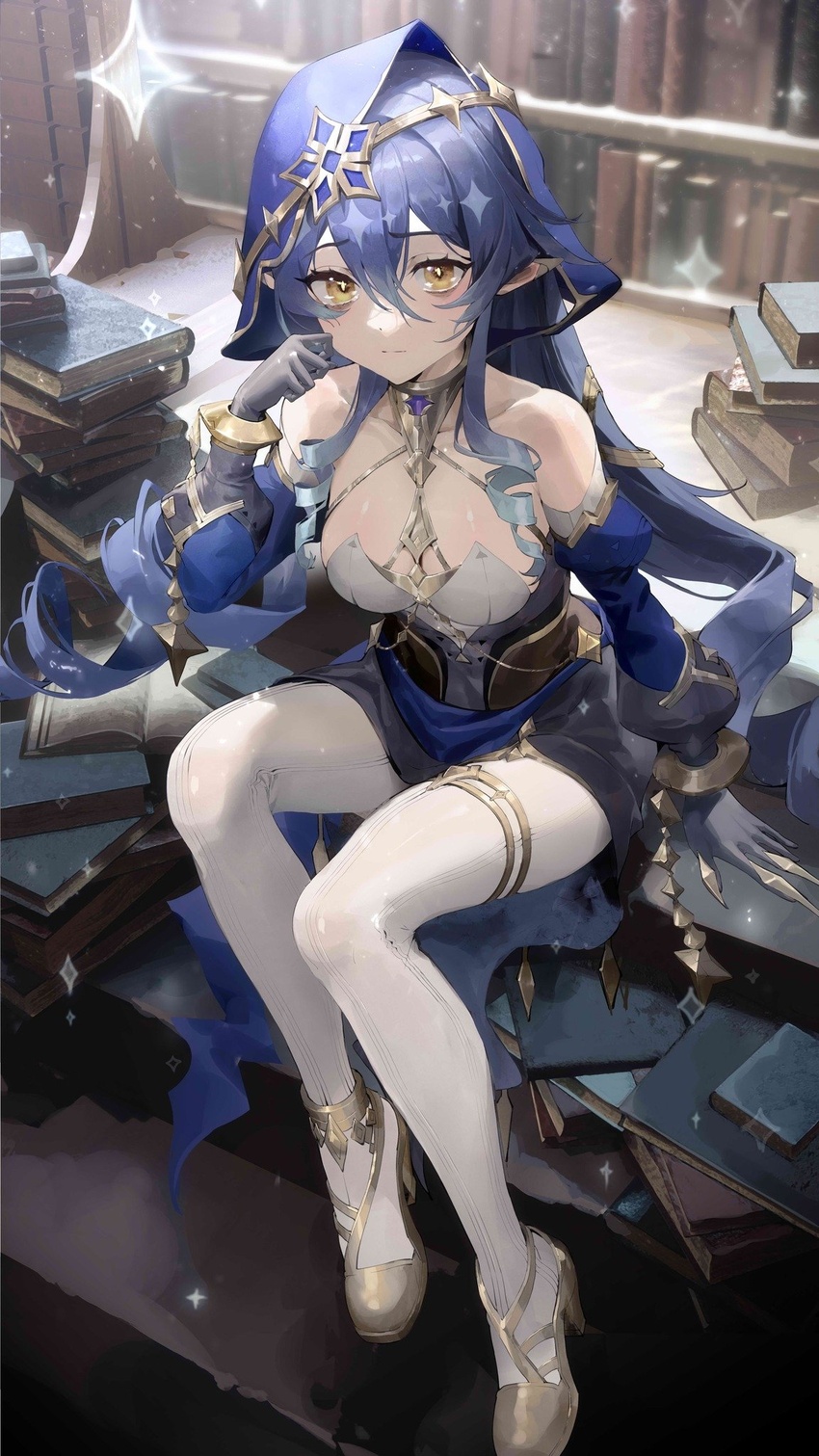 arm_support bags_under_eyes bare_shoulders blue_hair blue_hood blue_sleeves book book_stack breasts bright_pupils claw_ring commentary drill_hair drill_sidelocks duplicate female genshin_impact gloves gold_choker gold_footwear grey_gloves hair_between_eyes hand_up high_heels highres hood hood_up jewelry juliet_sleeves large_breasts layla_(genshin_impact) long_sleeves neck_ring pantyhose pointy_ears puffy_sleeves sa'yuki sidelocks sitting solo thighlet thighs twin_drills white_pantyhose white_pupils yellow_eyes