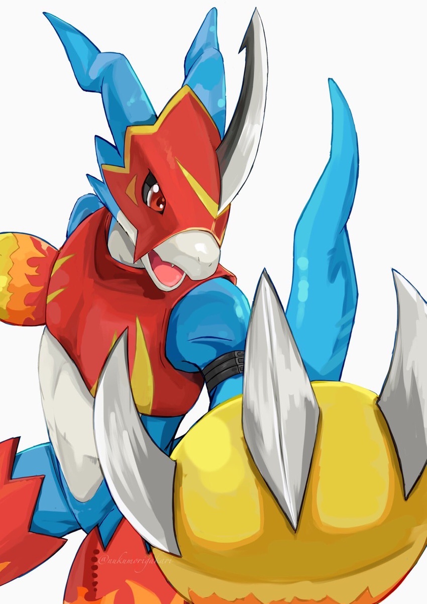 anthro armor athletic athletic_anthro athletic_male bandai_namco belt blue_body claws digimon digimon_(species) featureless_crotch flamedramon hi_res horn male nukumorigakari red_eyes scalie small_waist solo