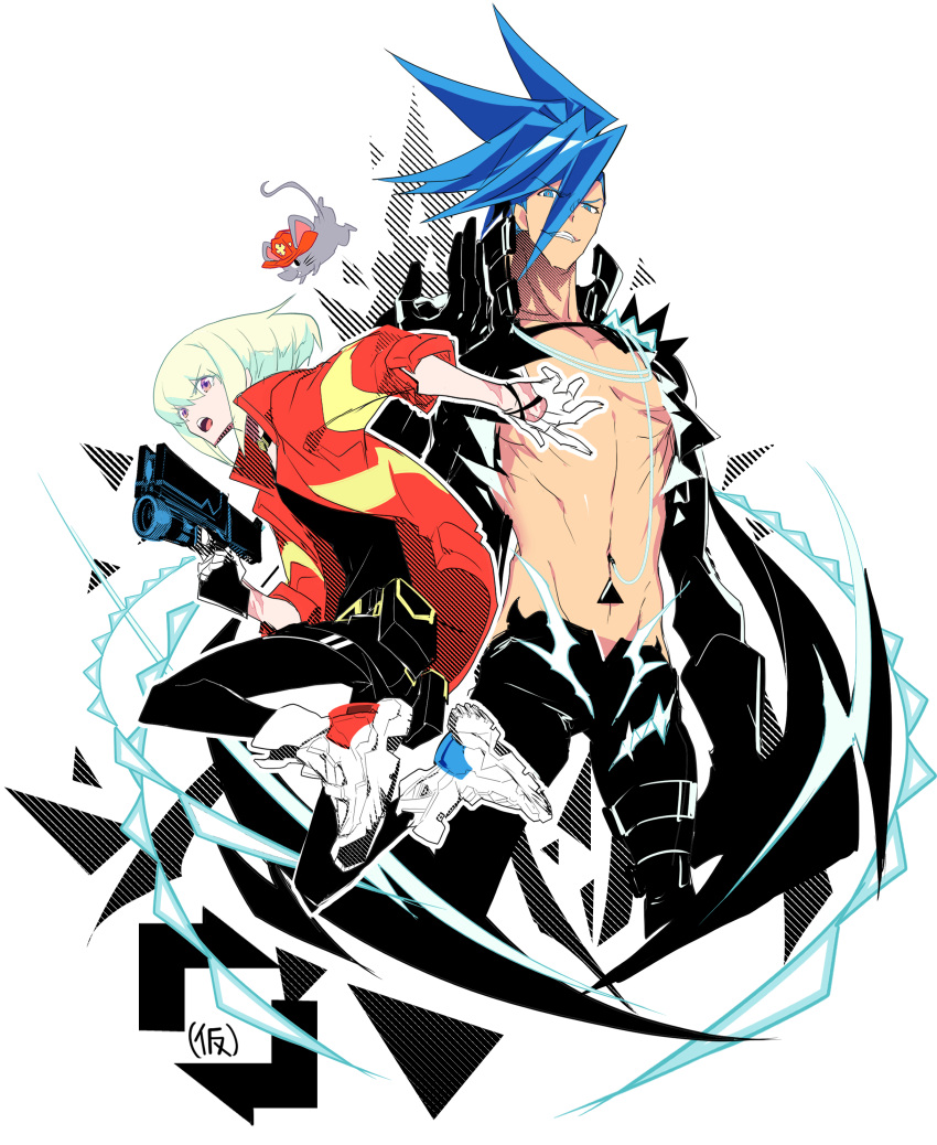 2boys absurdres alternate_universe animal asymmetrical_hair blue_eyes blue_hair commentary_request cover cover_page doujin_cover fire galo_thymos green_hair groin highres jacket leather leather_pants lio_fotia mad_burnish male_focus manbou_no_ane mouse_(animal) multiple_boys pants promare role_reversal scar shoes sidecut smile smirk sneakers spiked_hair suspenders topless_male undercut uniform vinny_(promare)