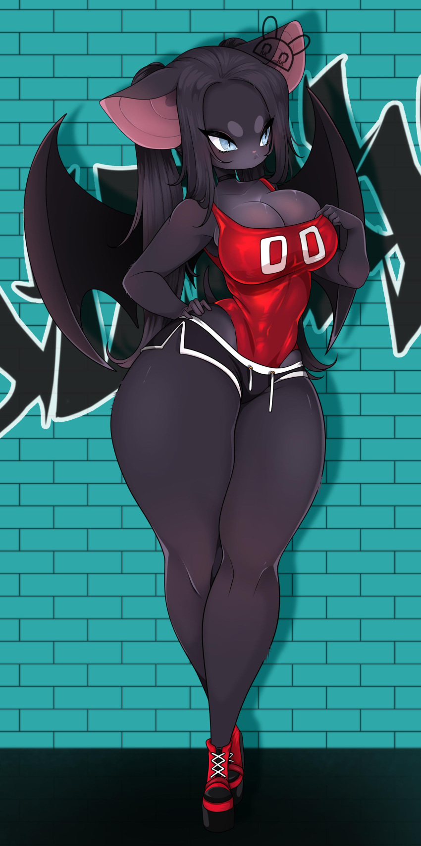 absurd_res alternate_version_at_source anthro bat big_breasts black_hair blue_eyes bottomwear breasts choker cleavage clothed clothing curvy_figure detailed female graffiti hair hi_res jewelry leotard long_hair mammal membrane_(anatomy) membranous_wings necklace niucniuc one-piece_swimsuit shorts solo swimwear thick_thighs voluptuous wide_hips wings