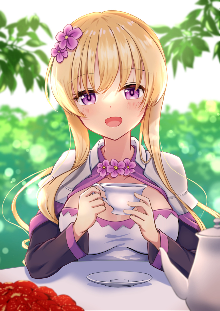 :d blonde_hair breasts cup female flower flower_knight_girl food fruit hair_flower hair_ornament highres holding holding_cup leaf looking_at_viewer medium_breasts open_mouth outdoors purple_eyes saintpaulia_(flower_knight_girl) sakuragi_sayu short_hair short_hair_with_long_locks smile solo strawberry table teacup teapot upper_body