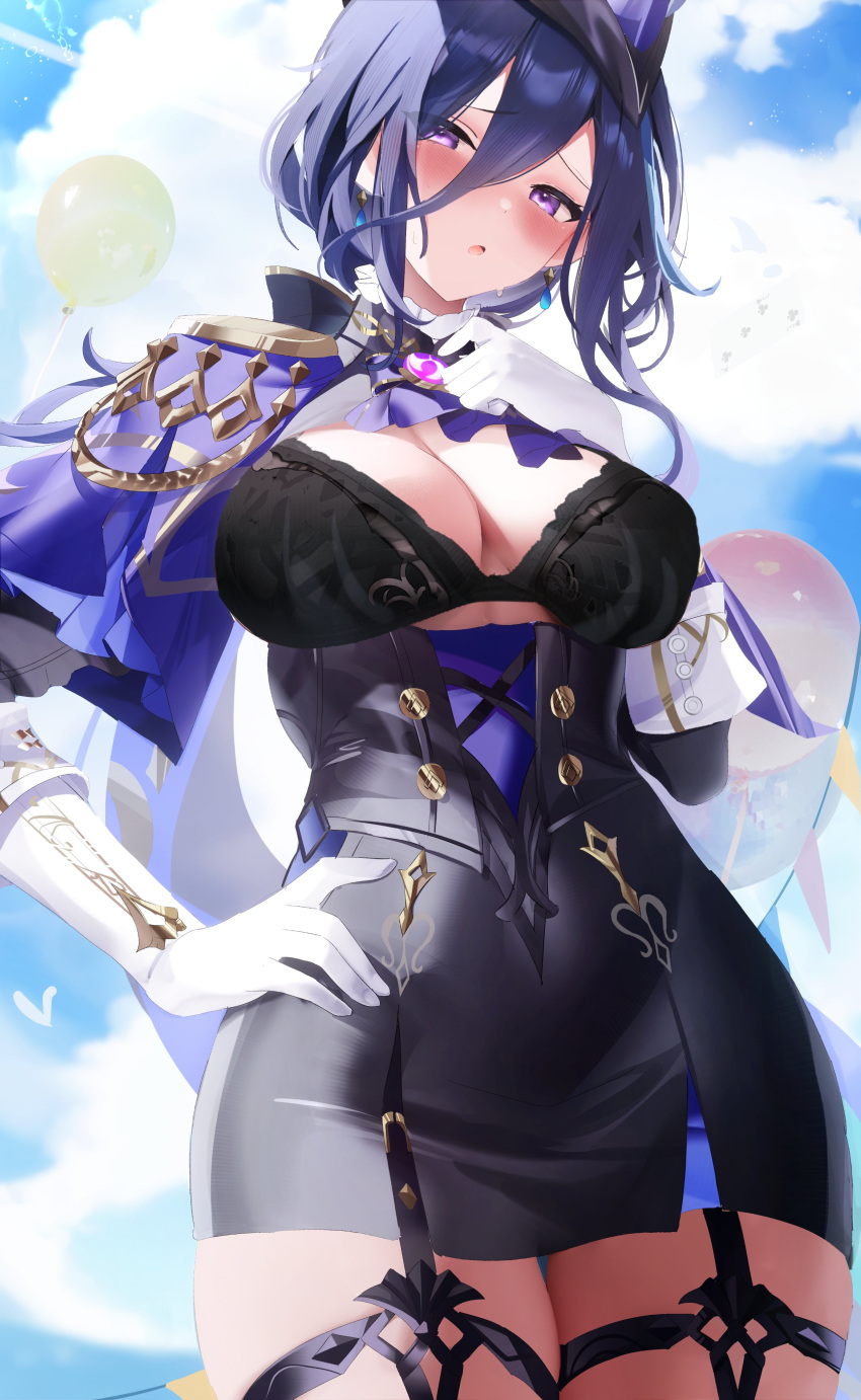 :o absurdres ascot black_bra black_skirt blue_hair blue_sky blush bra breasts clorinde_(genshin_impact) cloud corset epaulettes fantongjun female genshin_impact gloves hand_on_own_hip hat highres large_breasts looking_at_viewer miniskirt open_mouth pencil_skirt purple_ascot purple_eyes skirt sky solo tricorne underwear vision_(genshin_impact) white_gloves