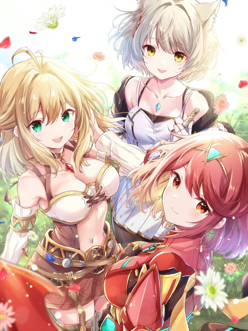 3girls animal_ears black_pantyhose blonde_hair breasts cat_ears chest_jewel cleavage crop_top detached_sleeves fiora_(xenoblade) flower flute green_eyes grey_hair highres in-franchise_crossover instrument jacket looking_at_viewer medium_hair midriff mio_(xenoblade) multiple_girls navel off_shoulder pantyhose pendant_choker pyra_(xenoblade) red_eyes red_hair short_hair skirt smile standing stomach thighhighs tiara ui_frara xenoblade_chronicles_(series) xenoblade_chronicles_1 xenoblade_chronicles_2 xenoblade_chronicles_3 yellow_eyes