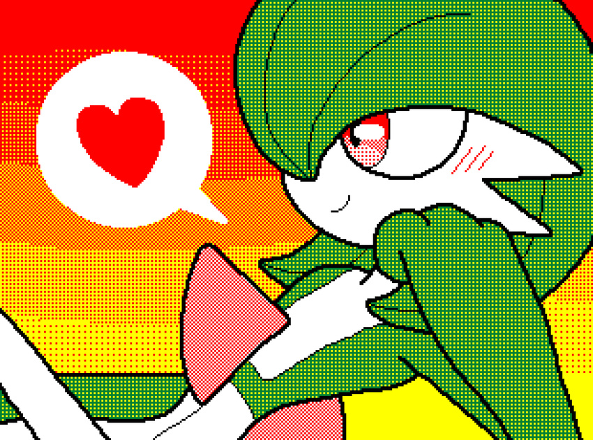 2024 ambiguous_gender blush blush_lines digital_media_(artwork) flipnote_studio_3d_(artwork) gardevoir generation_3_pokemon gradient_background green_body heart_symbol humanoid knight-of-syrinx nintendo pixel_(artwork) pokemon pokemon_(species) red_eyes simple_background smile solo white_body