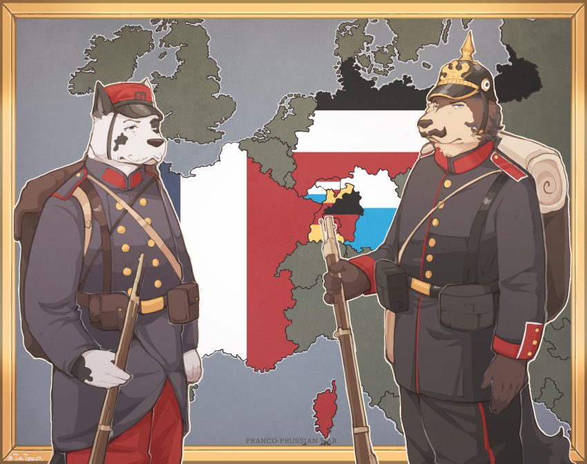 anthro armor bavaria brown_body callmetatsuo canid canine canis clothing domestic_dog duo france german_shepherd gun headgear helmet herding_dog hi_res male mammal map military musket pastoral_dog prussia ranged_weapon soldier uniform victorian warrior weapon white_body world