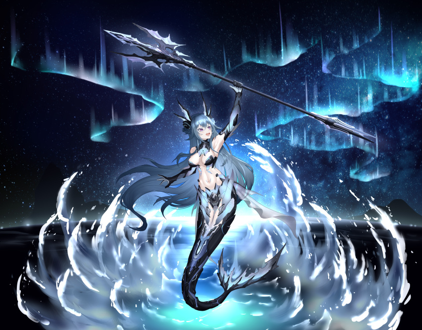 absurdres adhesive_bra ankle_fins aqua_hair arm_fins bad_id bad_pixiv_id black_bra bra braid female fins french_braid hair_between_eyes head_fins highres holding holding_polearm holding_trident holding_weapon lamia_(punishing:_gray_raven) mechanical_arms mechanical_tail mermaid monster_girl navel open_clothes polearm punishing:_gray_raven purple_eyes shell_hair_ornament sidelocks solo tail underwear water weapon yeming_urcaona