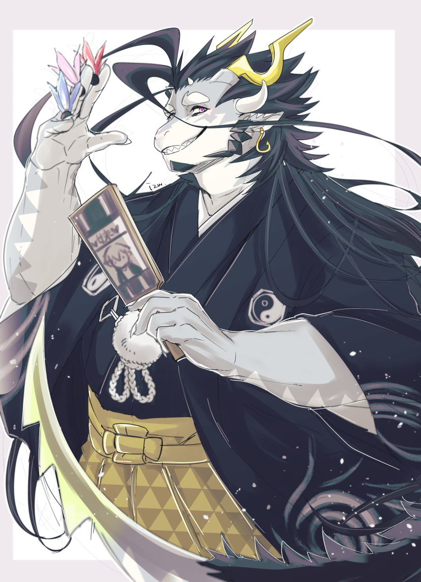 1boy absurdres black_hair character_print chinese_zodiac claws commentary_request dragon_boy dragon_ears dragon_horns dragon_tail earrings furry furry_male fuxi_(housamo) hagoita hane_(hanetsuki) highres holding holding_paddle horns izm_(izm_rm7) japanese_clothes jewelry kimono looking_at_viewer male_focus new_year paddle protagonist_4_(housamo) red_eyes sharp_teeth signature smile tail teeth tokyo_afterschool_summoners year_of_the_dragon