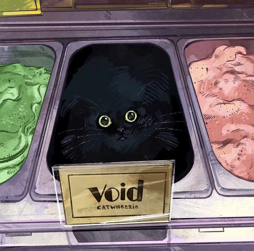 ambiguous_gender artist_name big_eyes cats_are_liquid catwheezie container dessert domestic_cat english_text felid feline felis feral food humor ice_cream in_container inside looking_at_viewer mammal sign solo text whiskers