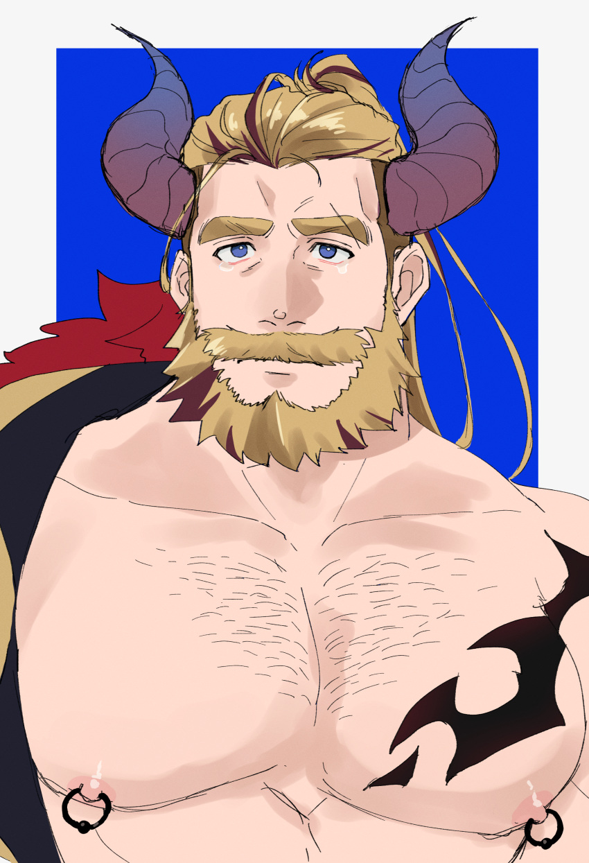 1boy absurdres alternate_hair_color bara bare_pectorals beard bergamond_(crave_saga) blue_background blue_eyes captive_bead_ring chest_hair chest_tattoo collarbone crave_saga demon_horns eyebrow_cut facial_hair fur_trim highres horns jewelry large_pectorals long_hair looking_at_viewer male_focus mature_male moustache multicolored_hair muscular muscular_male nipple_piercing nipple_rings nipples official_alternate_costume open_clothes pectorals piercing ponytail purple_hair solo tattoo tearing_up thick_eyebrows thick_mustache two-tone_hair upper_body usuki_(usukine1go)