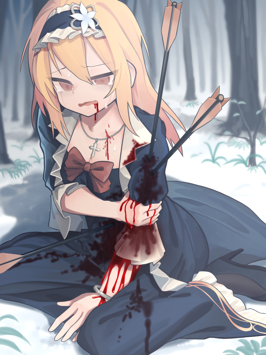 akaiha_(akaihasugk) arrow_(projectile) black_dress blonde_hair blood breasts brown_eyes commission crying crying_with_eyes_open dress female flower_ornament forest frilled_dress frilled_hairband frilled_sleeves frills hairband high_heels highres injury long_dress long_hair nature racua_(sennen_sensou_aigis) sennen_sensou_aigis skeb_commission solo tears