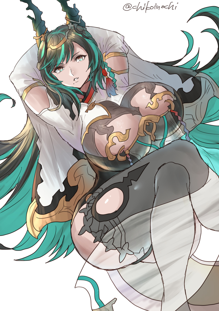 arms_behind_head arms_up black_hair black_thighhighs breast_cutout breasts chikoinochi cleavage cleavage_cutout clothing_cutout colored_inner_hair crossed_legs detached_sleeves dragon_girl dragon_horns draph dress female gradient_hair granblue_fantasy green_eyes green_hair hair_ornament highres horn_ornament horns huge_breasts large_breasts leotard long_hair looking_at_viewer mole mole_under_mouth multicolored_eyes multicolored_hair payila_(granblue_fantasy) pelvic_curtain pointy_ears red_eyes see-through see-through_dress solo stomach_cutout tassel tassel_hair_ornament thighhighs two-tone_eyes two-tone_hair very_long_hair white_background