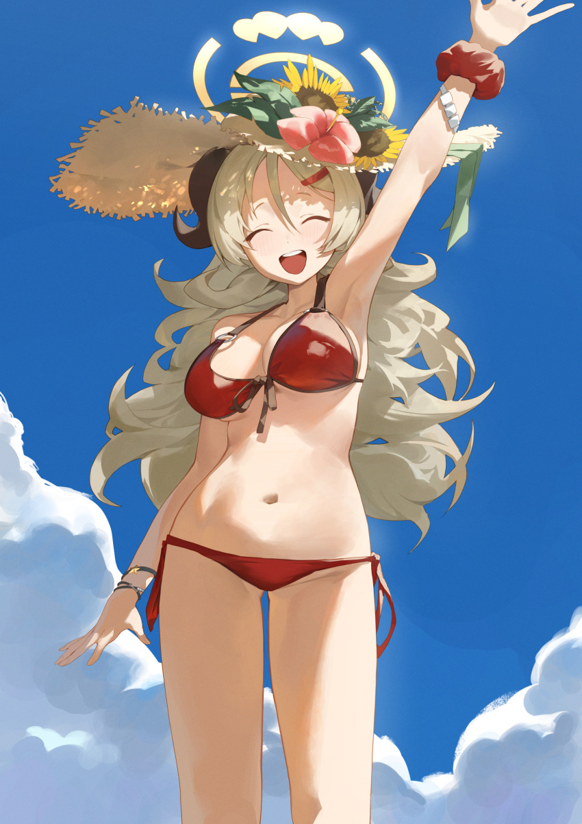 absurdres arm_up armpits bikini blonde_hair blue_archive blue_sky breasts closed_eyes cloud commentary cowboy_shot curly_hair day facing_viewer female flipped_hair flower front-tie_bikini_top front-tie_top hair_flower hair_ornament hairclip halo halterneck hat highres izumi_(blue_archive) izumi_(swimsuit)_(blue_archive) large_breasts long_hair navel official_alternate_costume open_mouth outstretched_arm red_bikini sb_lama scrunchie side-tie_bikini_bottom sky smile solo straw_hat string_bikini sun_hat swimsuit waving wrist_scrunchie wristband