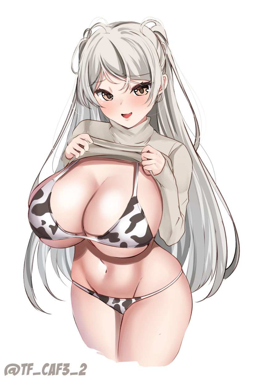 animal_print bikini blush breasts brown_eyes conte_di_cavour_(kancolle) cow_print cow_print_bikini female grey_hair grey_sweater highres kantai_collection large_breasts legs_together long_hair looking_at_viewer open_mouth print_bikini simple_background smile sweater swimsuit tf_cafe twitter_username two_side_up white_background white_bikini