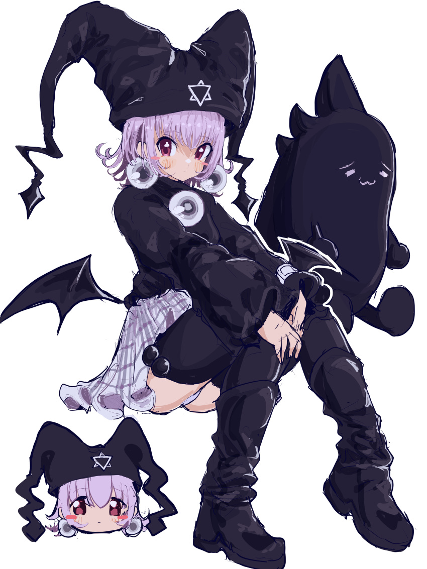 absurdres blush blush_stickers boots creature demon_wings earrings expressionless female flipped_hair hat hexagram highres jewelry kuro_unyuu long_sleeves looking_at_viewer low_wings mayura mugi_(mugimugi_9kv) panties pantyshot plaid plaid_skirt purple_eyes purple_hair short_hair sitting skirt star_of_david thigh_boots ukagaka underwear wings