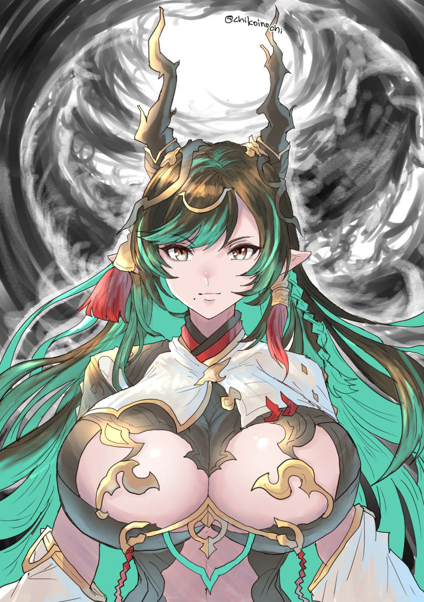 black_hair breast_cutout breasts chikoinochi cleavage cleavage_cutout clothing_cutout cloud colored_inner_hair dark_clouds detached_sleeves dragon_girl dragon_horns draph dress female gradient_hair granblue_fantasy green_eyes green_hair hair_ornament highres horn_ornament horns huge_breasts leotard long_hair looking_at_viewer mole mole_under_mouth multicolored_eyes multicolored_hair navel_cutout payila_(granblue_fantasy) pelvic_curtain pointy_ears red_eyes see-through see-through_dress solo stomach_cutout tassel tassel_hair_ornament two-tone_eyes two-tone_hair very_long_hair