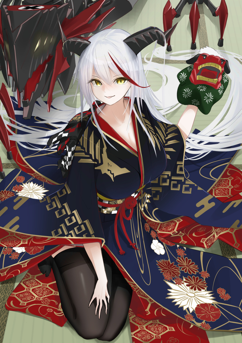 absurdly_long_hair absurdres aegir_(azur_lane) alternate_costume azur_lane black_horns black_thighhighs breasts female floral_print_kimono flower hair_on_horn highres holding horns japanese_clothes kimono large_breasts lion_dance long_hair long_sleeves multicolored_hair new_year non-humanoid_robot print_ornament red_flower red_hair robot robot_dragon ryosuke1225 sash shishimai slit_pupils solo streaked_hair thighhighs two-tone_hair very_long_hair white_hair wide_sleeves yellow_eyes