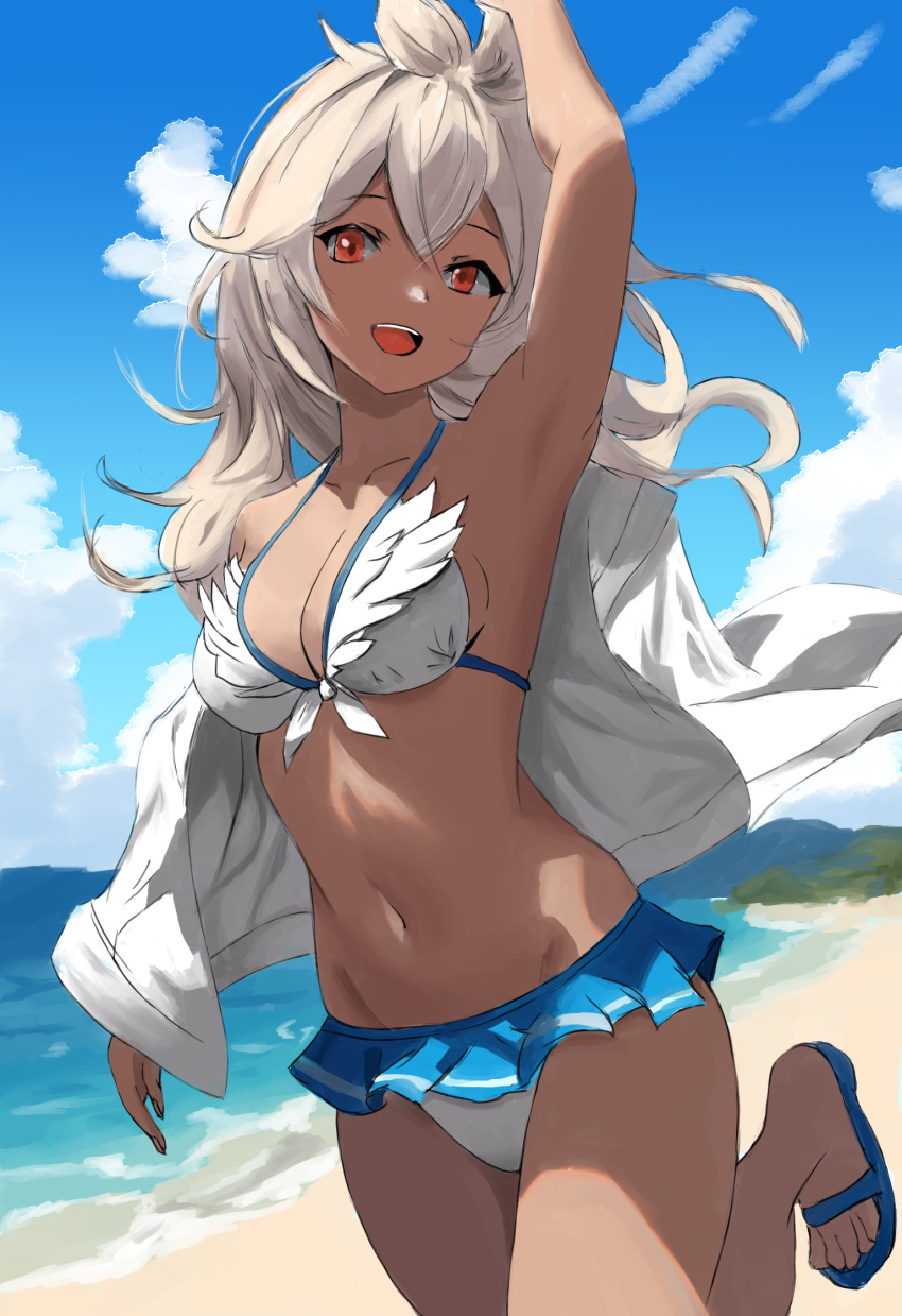 ai-assisted arm_up armpits beach bikini blue_sky breasts cleavage cloud dark-skinned_female dark_skin female front-tie_bikini_top front-tie_top granblue_fantasy highres hyakka_(momokashinryu14) medium_breasts ocean official_alternate_costume open_mouth outdoors sky solo swimsuit teeth upper_teeth_only white_bikini white_hair zooey_(granblue_fantasy) zooey_(summer)_(granblue_fantasy)