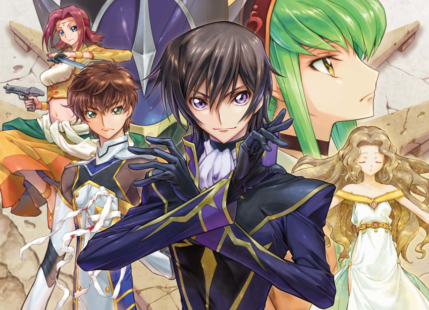 2boys 3girls black_choker black_gloves black_hair blue_eyes brown_hair c.c. choker circlet closed_eyes closed_mouth code_geass code_geass:_fukkatsu_no_lelouch collarbone crop_top dress dual_wielding facing_viewer gloves green_eyes green_hair gun hair_intakes handgun highres holding holding_gun holding_sword holding_weapon jacket kouzuki_kallen kururugi_suzaku lelouch_vi_britannia long_hair long_sleeves looking_at_viewer midriff multiple_boys multiple_girls navel nunnally_vi_britannia purple_eyes purple_jacket red_hair short_hair skirt sleeveless sleeveless_dress smile stomach sword tomofumi_ogasawara very_long_hair weapon white_dress yellow_eyes yellow_skirt