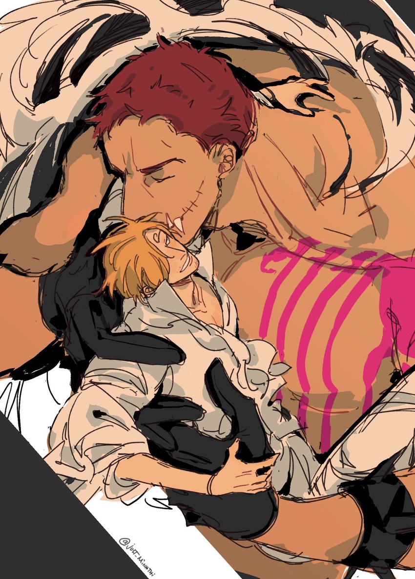 2boys arm_tattoo black_gloves blonde_hair blue_eyes bracelet charlotte_katakuri closed_eyes commentary curly_eyebrows facial_hair fangs giant giant_male gloves hair_over_one_eye height_difference highres jewelry kissing_hair lifting_person looking_at_another male_focus multiple_boys muscular muscular_male one_piece pants pectorals purple_hair sanji_(one_piece) scarf shirt short_hair size_difference smile stitched_mouth stitches symbol-only_commentary tattoo teeth thi_(just_minhthi) twitter_username white_pants white_shirt yaoi