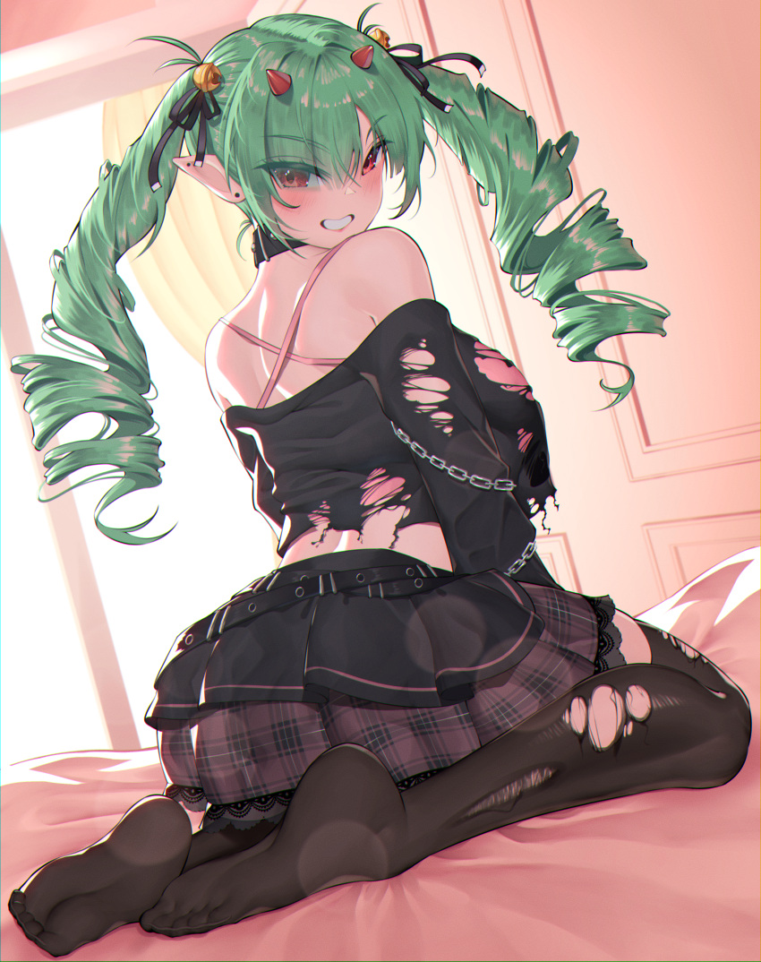 absurdres ass bare_shoulders black_choker black_shirt black_skirt black_thighhighs breasts chains choker commentary commission criss-cross_halter drill_hair feet female green_hair grin halterneck highres himeliofon horns indie_virtual_youtuber large_breasts layered_skirt long_hair long_sleeves looking_at_viewer midriff no_shoes off-shoulder_shirt off_shoulder plaid plaid_skirt pointy_ears red_eyes shirt sitting skirt smile soles solo thighhighs thighs toes torn_clothes torn_shirt twin_drills twintails valkaria virtual_youtuber