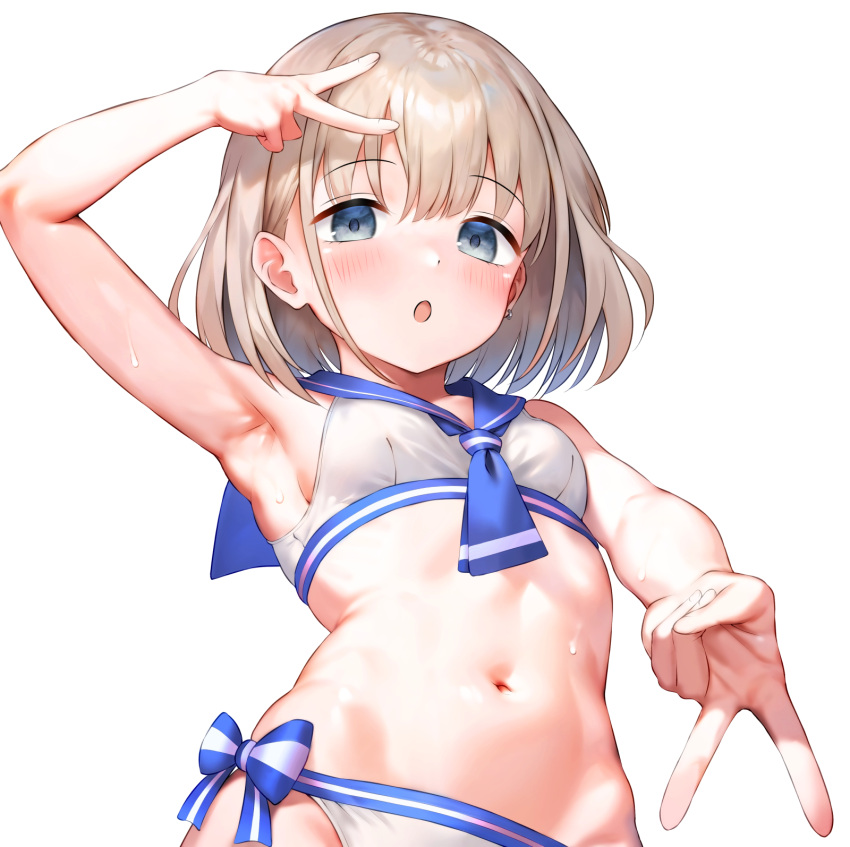 :o alternate_costume armpits blush breasts commentary_request double_v female grey_hair gyaru_v highres idolmaster idolmaster_shiny_colors looking_at_viewer navel qianlou_(qianlou12374) sailor_bikini sailor_collar sailor_swimsuit_(idolmaster) serizawa_asahi simple_background small_breasts solo stomach v white_background