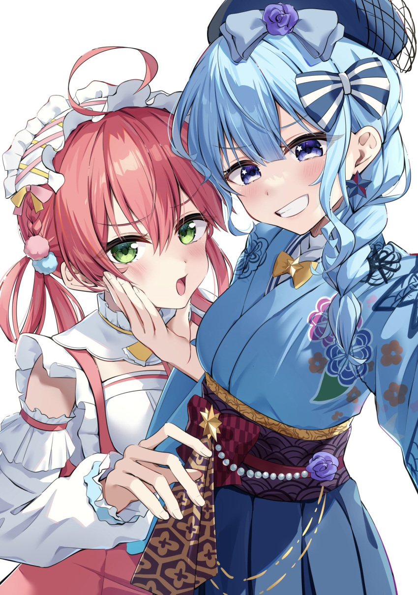 2girls ahoge beret blue_bow blue_eyes blue_hair blue_headwear blue_kimono blue_skirt blush bow bowtie braid commentary detached_sleeves earrings floral_print frilled_hairband frilled_sleeves frills green_eyes grin hair_ornament hair_rings hairband hairbow hakama hakama_skirt hand_on_another's_cheek hand_on_another's_face hat highres hololive hoshimachi_suisei hoshimachi_suisei_(new_year) japanese_clothes jewelry kimono lolita_hairband long_hair looking_at_viewer micomet_(hololive) multiple_girls muyamii obi official_alternate_costume open_mouth pom_pom_(clothes) pom_pom_hair_ornament red_hair sakura_miko sakura_miko_(new_year) sash selfie skirt sleeveless sleeveless_kimono smile star_(symbol) star_earrings star_in_eye striped striped_bow symbol-only_commentary symbol_in_eye twintails upper_body v-shaped_eyebrows virtual_youtuber white_background white_kimono white_sleeves yellow_bow yellow_bowtie