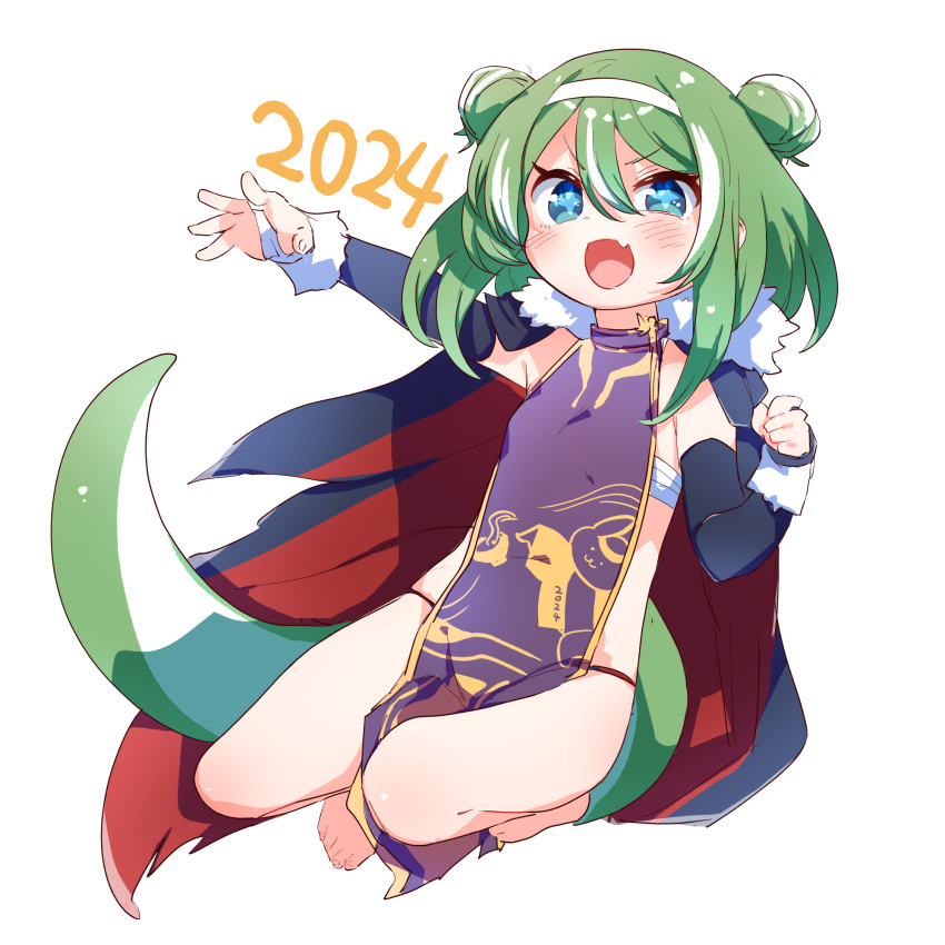 2024 babalilo blue_eyes cape china_dress chinese_clothes cross-shaped_pupils donegon_(babalilo) dragon_girl dragon_tail dress female full_body green_hair highres oerba_yun_fang open_mouth original skin_fang solo symbol-shaped_pupils tail white_background