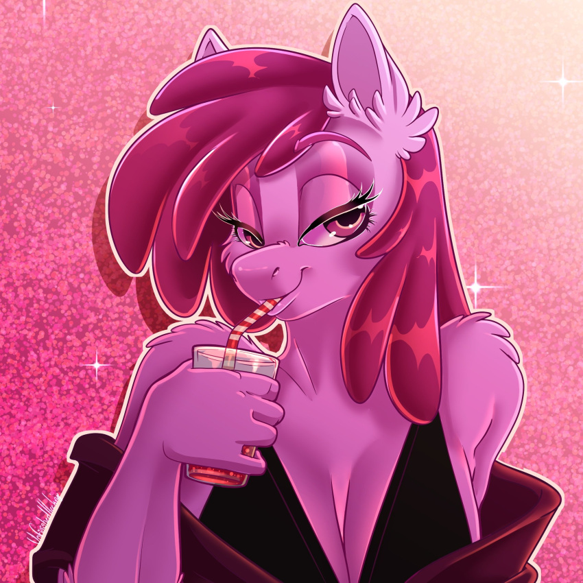 1:1 anthro anthrofied bedroom_eyes berry_punch_(mlp) breasts cleavage clothed clothing dress drinking drinking_straw earth_pony equid equine female friendship_is_magic fur glass_tumbler hair hasbro hi_res horse mammal my_little_pony narrowed_eyes pink_body pink_eyes pink_fur pink_hair pony seductive unfinishedheckery