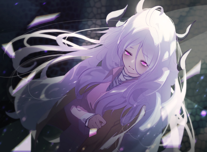 antenna_hair black_background blue_archive closed_mouth dress_shirt female highres hina_(blue_archive) horns long_hair official_alternate_costume pajamas pink_pajamas purple_eyes roon_(ddeer2010) shirt solo tears upper_body white_hair white_shirt