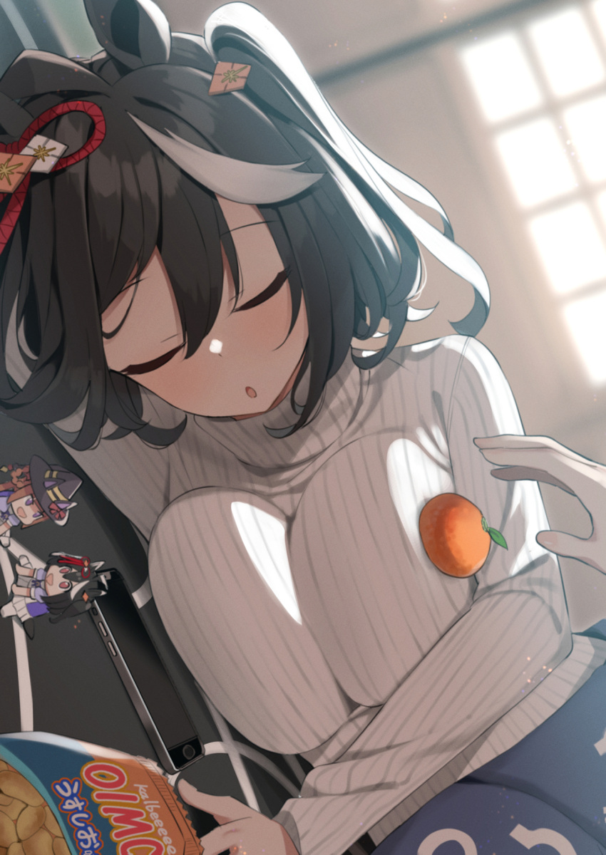 1other :o ahoge animal_ears black_hair breasts cellphone closed_eyes commentary_request ear_ornament female flower_ornament food fruit hair_between_eyes highres horse_ears horse_girl kitasan_black_(umamusume) large_breasts long_sleeves lying mandarin_orange multicolored_hair on_side oppai_mochi orange_(fruit) phone sasanon_(sasapoliton) shirt short_hair sleeping streaked_hair sweater sweep_tosho_(umamusume) turtleneck turtleneck_sweater umamusume white_hair white_shirt white_sweater