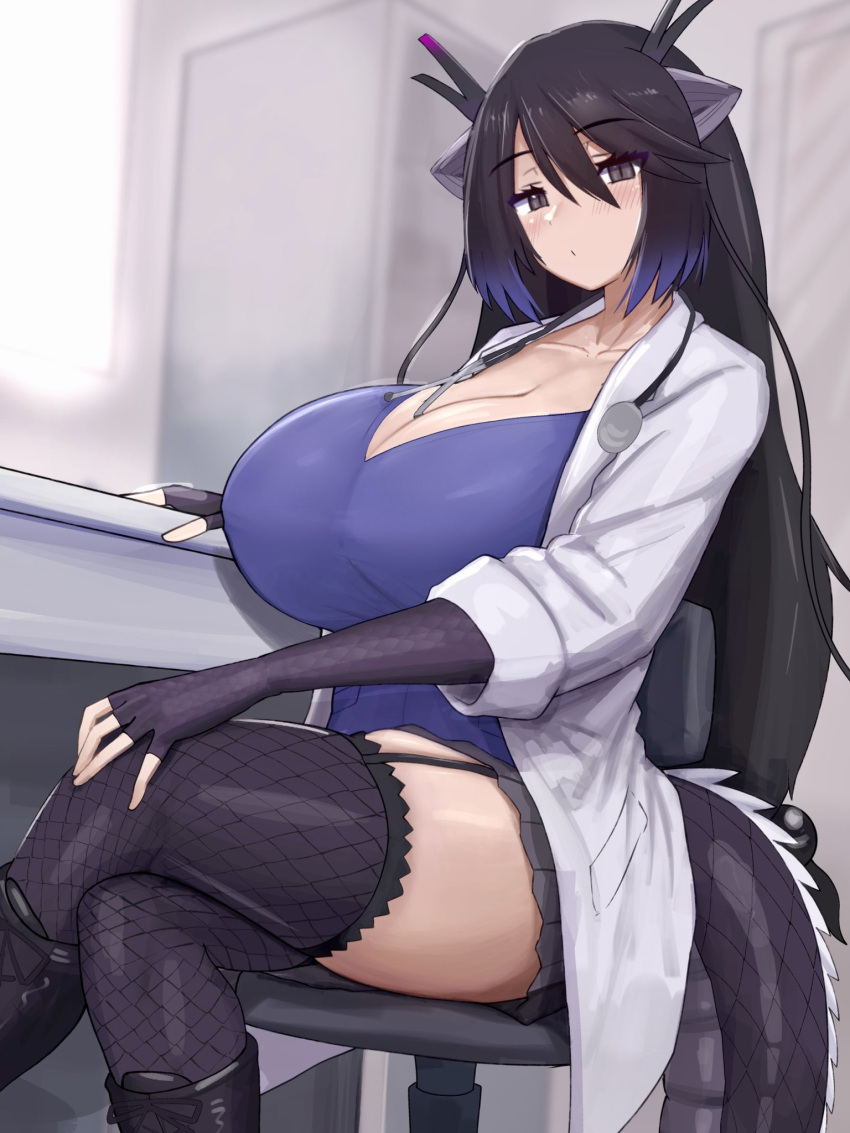 black_dragon_(kemono_friends) black_gloves black_hair black_skirt black_thighhighs blush boots breasts chair cleavage closed_mouth coat commentary commentary_request crossed_legs curvy desk doctor dragon_girl dragon_horns dragon_tail elbow_gloves eyelashes feet_out_of_frame female fingerless_gloves garter_straps gloves grey_eyes grey_horns hair_between_eyes hand_on_own_knee hand_rest highres horns huge_breasts impossible_clothes impossible_shirt indoors kemono_friends lab_coat long_hair looking_at_viewer miniskirt multicolored_hair multicolored_horns multiple_horns office_chair open_clothes open_coat parted_bangs pink_horns purple_hair purple_shirt shibori_kasu shirt sitting skindentation skirt slit_pupils solo stethoscope swivel_chair tail thighhighs very_long_hair white_coat