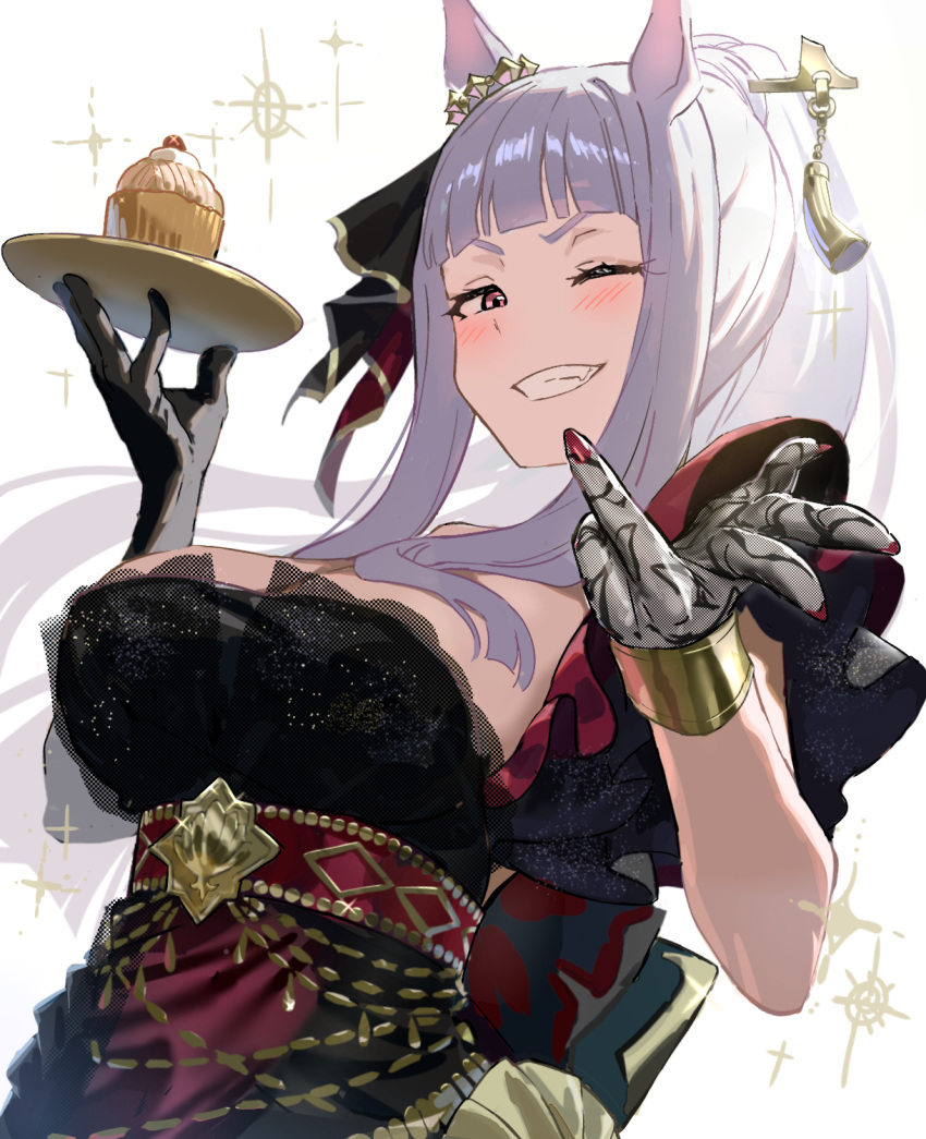 animal_ears bare_shoulders blunt_bangs blush bracelet breasts cupcake female food gloves gold_ship_(la_mode_564)_(umamusume) gold_ship_(umamusume) hair_ornament hair_ribbon highres horse_ears horse_girl jewelry koppe_koppe large_breasts long_hair looking_at_viewer official_alternate_costume official_alternate_hairstyle revision ribbon simple_background smile solo tray umamusume